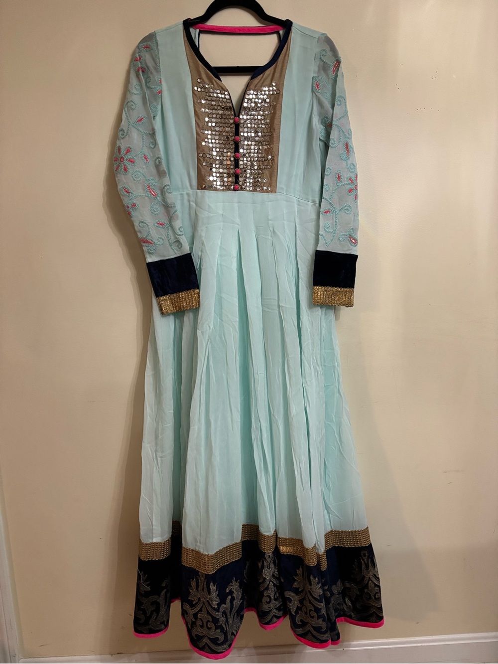 Mebaz brand - Light Aqua Embroidered Anarkali Dress with Navy Accents